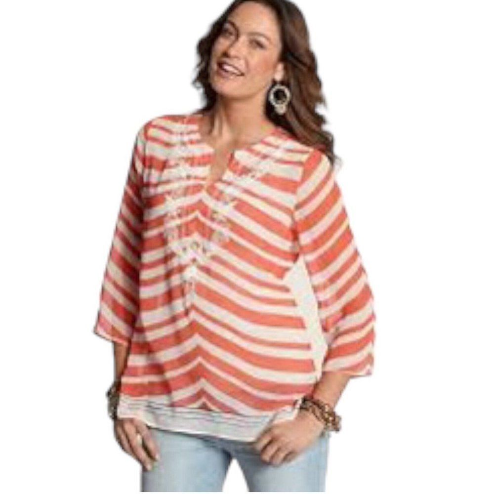 Chicos Swirley Stripes Sarah Top XL Embroidered Cover Up Beach Women’s 3